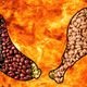 Vegan meat alternatives against a fiery background